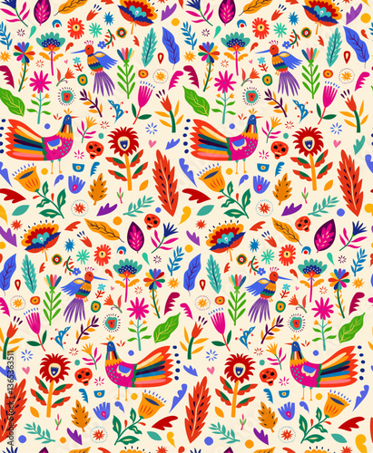 Mexican folk seamless pattern with birds and flowers. Mexican ornament decor. 