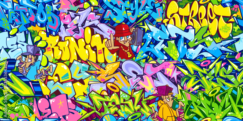 Obraz premium Trendy Seamless Colorful Abstract Urban Style Hiphop Graffiti Street Art Pattern Vector Background