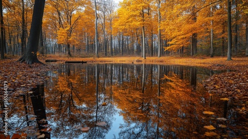 Autumnal forest pond reflection tranquil