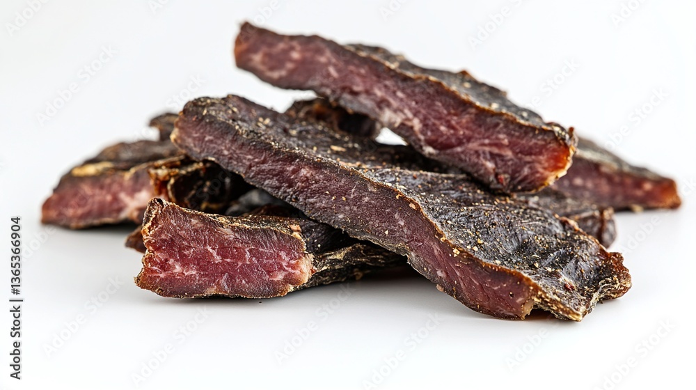 Stack of delicious dried spiced beef strips. Stack of delicious dried spiced beef strips.