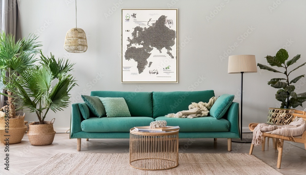 Fototapeta premium Stylish scandinavian living room interior with design mint sofa, furnitures, mock up poster