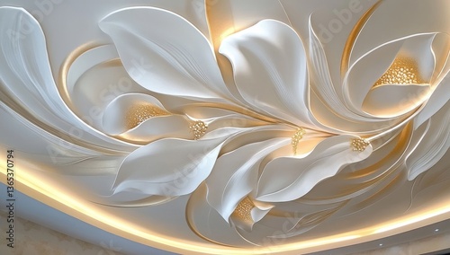Ornate ceiling design featuring sculpted white flowers with gold accents