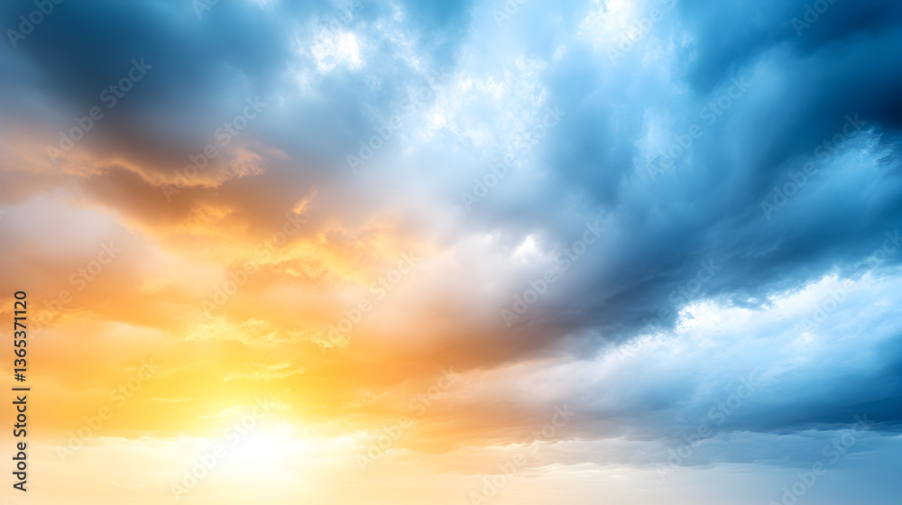 Fototapeta premium Breathtaking sky filled with deep blue and fiery golden clouds as sunlight pierces through atmosphere. Perfect for nature wallpapers, inspirational content, weather-related visuals. Selective focus