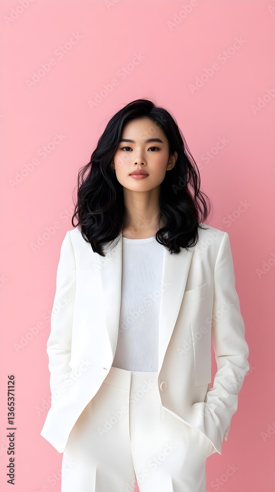 A woman in a white jacket and pants poses for a photo A woman in a white jacket and pants poses for a photo