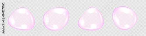 Different forms of hyaluronic acid, realistic serum drops, bubbles on transparent background