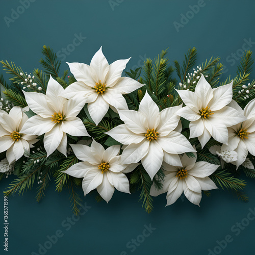 Festive Christmas arrangement with white poinsettias and pine branches on a dark teal background.