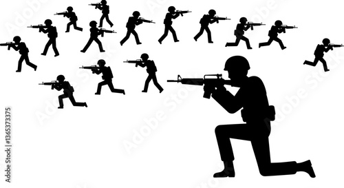 Silhouette of soldiers in combat, aiming rifles.