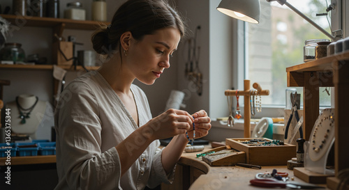Woman crafting jewelry in a cozy workshop  
