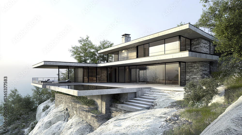 Obraz premium Modern cliffside house with panoramic ocean view and pool