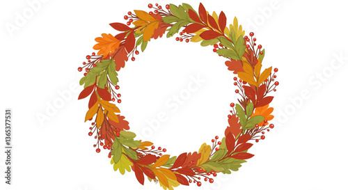 Autumnal wreath of colorful leaves and berries.