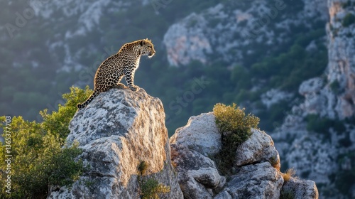 A wild leopard perches atop a steep rock, its keen eyes scanning the valley below as the sun dips beneath the horizon