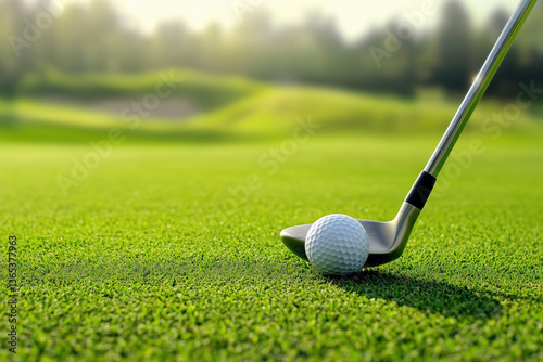 Close-up golf ball on tee with golf drivers at golf course. photo