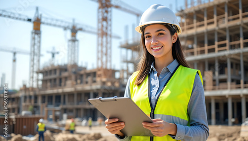 A cheerful young female engineer smiles at a construction site.