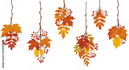 Autumn leaves and berries hanging on branches.