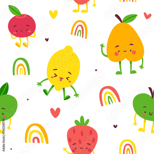 Funny fruits pattern for kids. Seamless vector print with cute fruit characters.