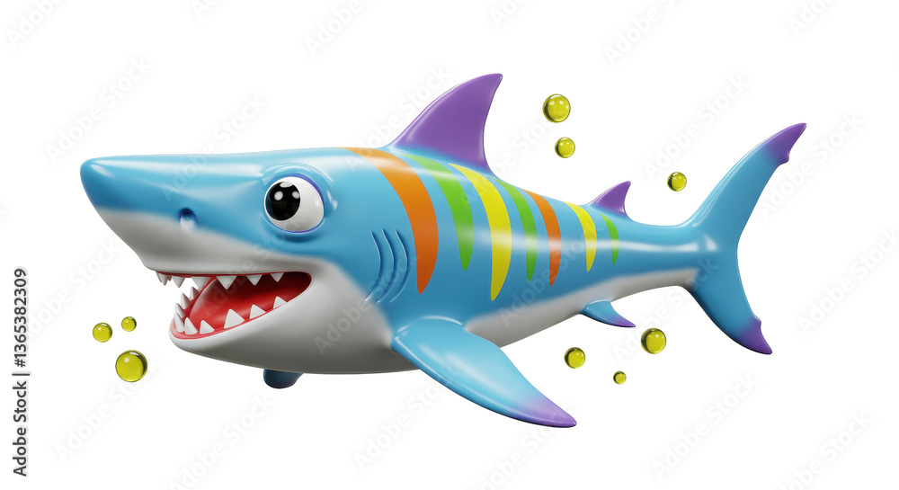Naklejka premium Isolated Cartoon Shark with Stripes and Bubbles