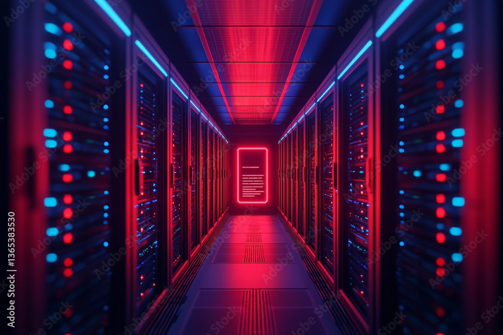 Fototapeta premium futuristic data center with illuminated servers in blue and red hues, showcasing advanced technology and digital security