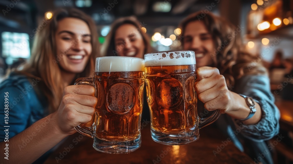 Three cheerful women friends toasting beer mugs in a pub Happy female friends enjoying a night out together Three cheerful women friends toasting beer mugs in a pub Happy female friends enjoying a night out together