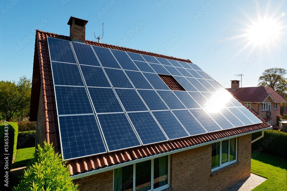 Fototapeta premium Solar panels installed on a residential roof, demonstrating sustainable energy solutions for eco-friendly living