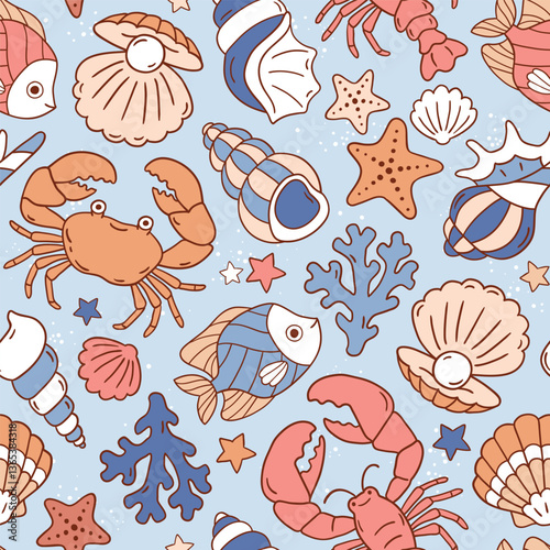 Seamless vector pattern with cute crab, fish, shell, seastar and lobster. Exotic underwater sealife illustration. Hand drawn summer holiday beach background. Perfect for textile, wallpaper or print. 