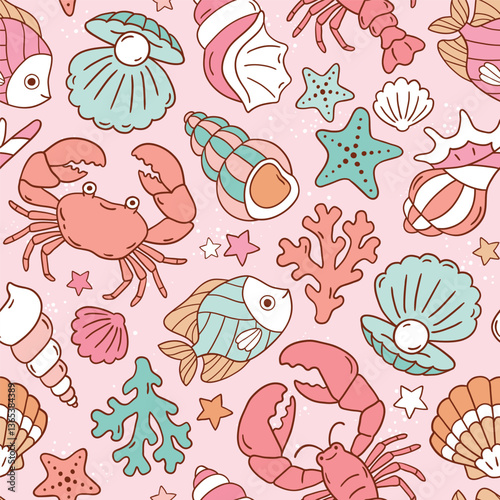 Seamless vector pattern with cute crab, fish, shell, seastar and lobster. Exotic underwater sealife illustration. Hand drawn summer holiday beach background. Perfect for textile, wallpaper or print. 