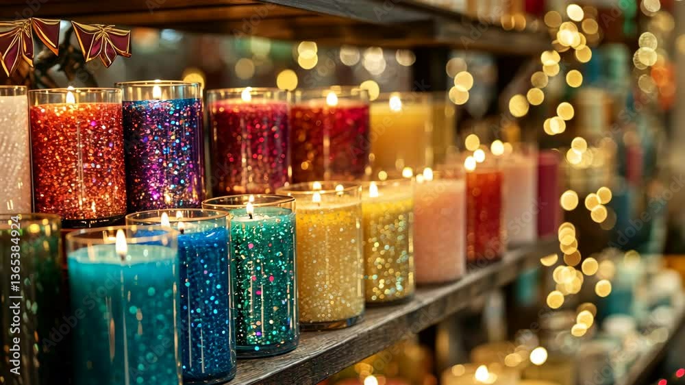 A sparkling shelf filled with handmade candles in various colors and scents A sparkling shelf filled with handmade candles in various colors and scents
