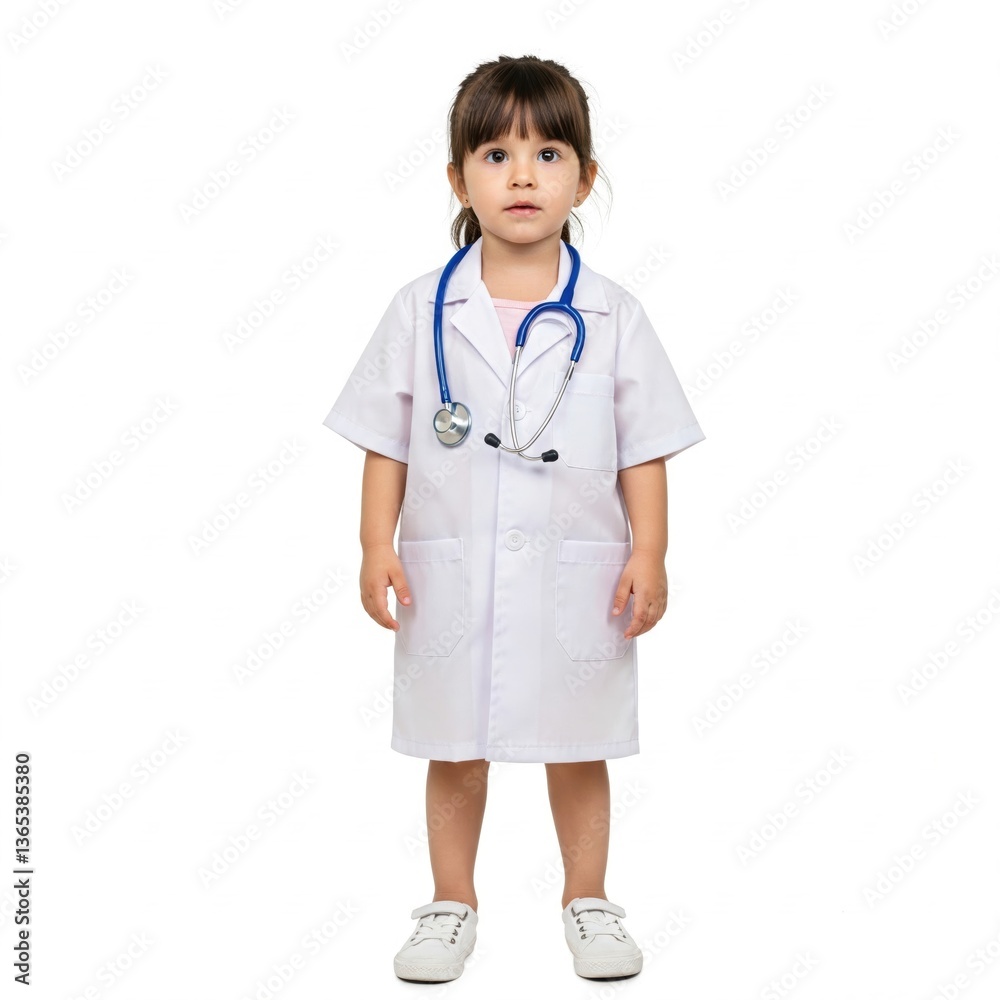 A brunette young girl wearing a white doctor's coat and stethoscope, smiling at the camera. A brunette young girl wearing a white doctor's coat and stethoscope, smiling at the camera.