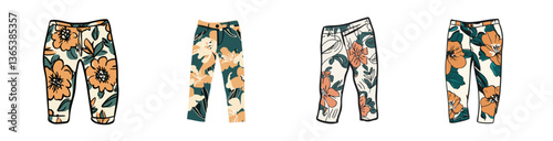 Floral patterned pants featuring vibrant orange flowers on a green background in a modern vector style