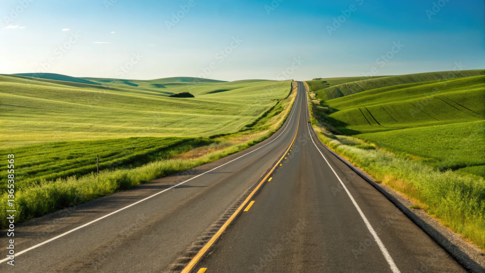 Fototapeta premium A smooth two-lane highway winding through rolling green fields under a clear blue sky, creating a tranquil, scenic drive with a limitless sense of exploration.