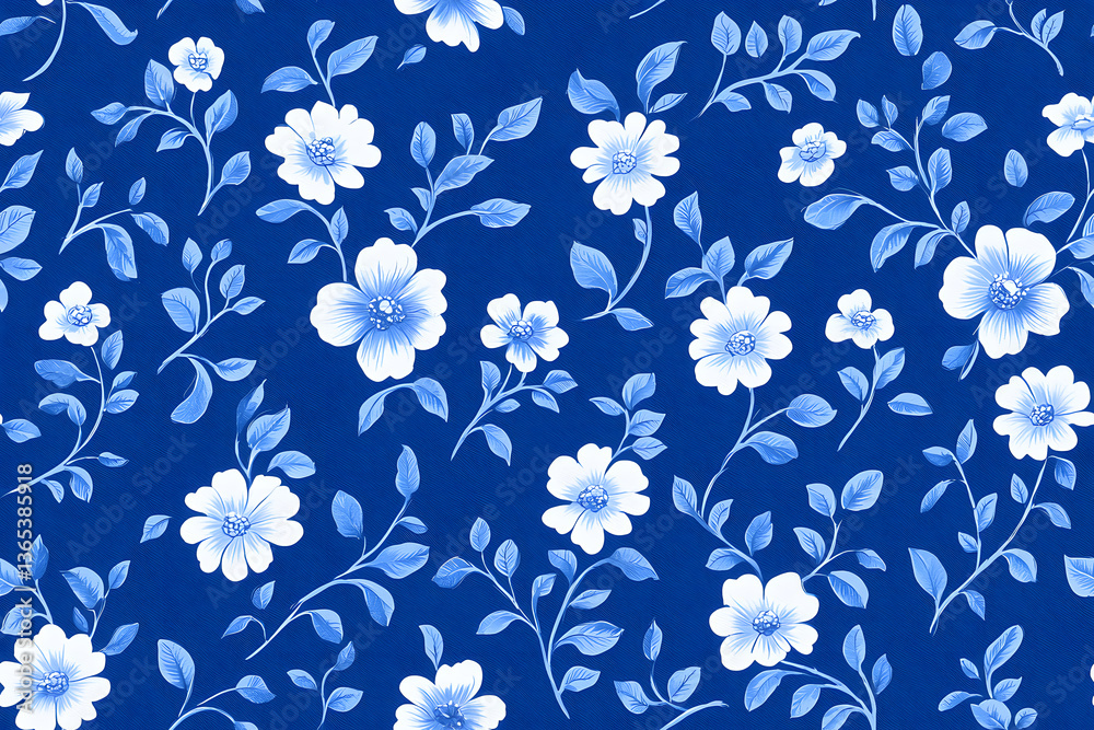 Fototapeta premium Blue and white french floral seamless pattern on a white background