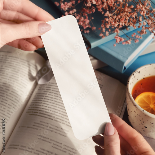 Cuadro en lienzo Woman holding a bookmark near an open book mockup