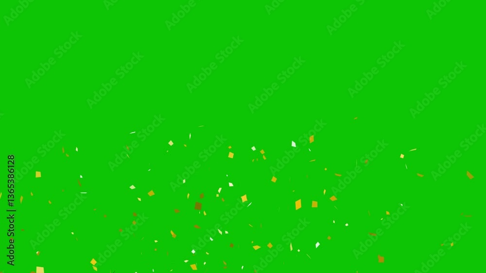 Falling golden confetti on green screen background. Confetti celebratory explosion with elements on a pastel colors and white background.