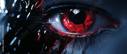A close up of a woman's eye with red paint on it