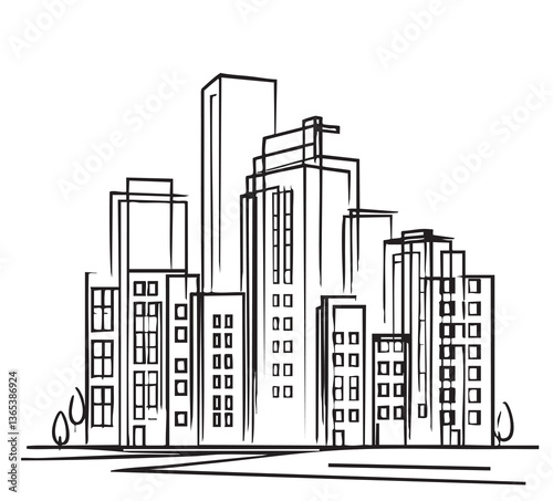 City skyline isolated on white background. Modern city skyscraper, cityscape buildings