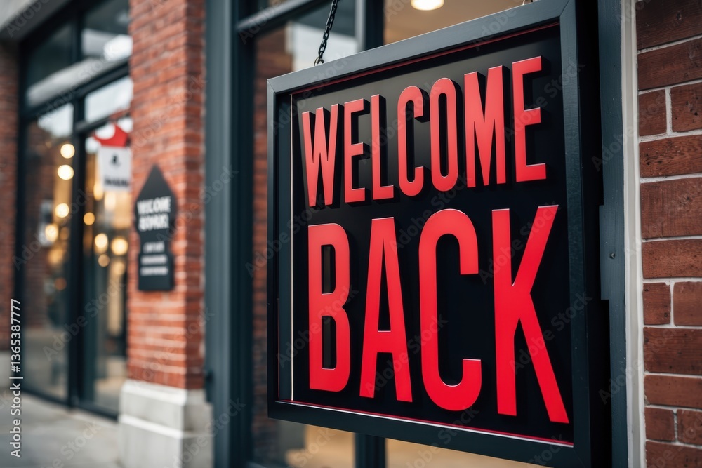 Obraz premium A close-up of a red and black 'Welcome Back' sign hanging in an outdoor shopping area, with blurred brick buildings in the background