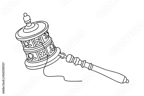 Tibetan Buddhist Prayer Wheel, Handheld, Cylindrical, Mantra, Spirituality, Religion, Line Drawing, 
