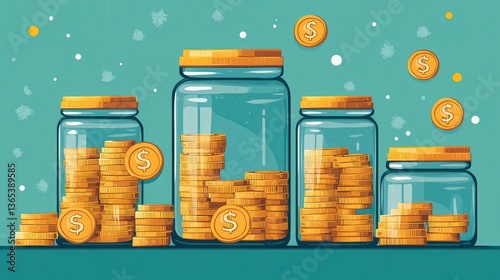 A colorful illustration of jars filled with coins, symbolizing saving and investment, against a bright background.