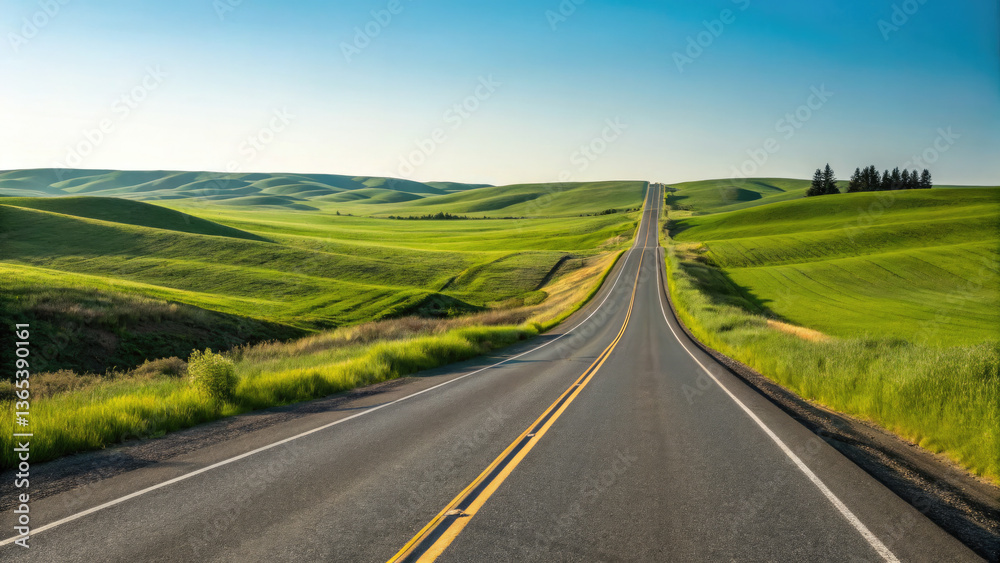 Fototapeta premium A smooth two-lane highway winding through rolling green fields under a clear blue sky, creating a tranquil, scenic drive with a limitless sense of exploration.