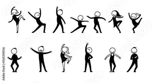 Silhouette figures in various dance poses.  Simple, fun, and expressive. Line art white background.