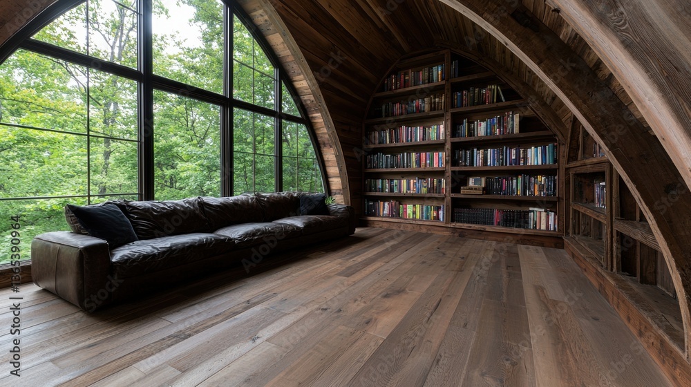 A cozy reading room with a large window, wooden bookshelf, and comfortable leather couch. A cozy reading room with a large window, wooden bookshelf, and comfortable leather couch.