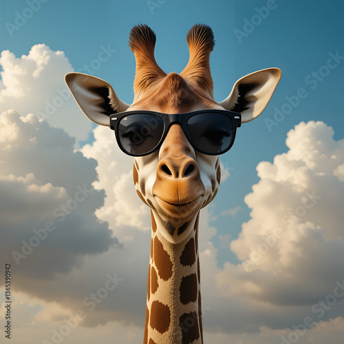 A comical giraffe with shades appears through the clouds