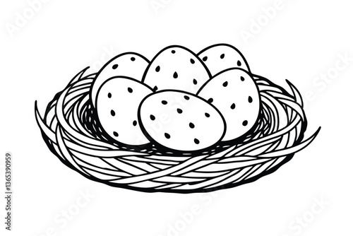 Five speckled bird eggs nestled in a woven bird nest