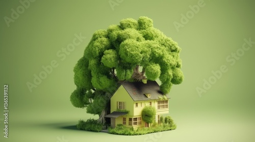 A Yellow House Embraced by Nature  A Serene Blend of Architecture and Lush Foliage on green background