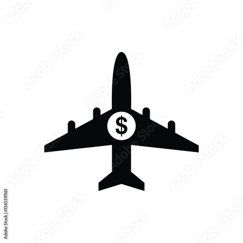 Black and white icon of a plane with a dollar sign on it