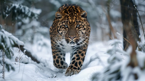 Majestic Amur leopard prowling through dense snowy forest of Russian Far East rare golden spotted coat blend into frost covered tree symbolizing beauty fragility of critically endangered specie