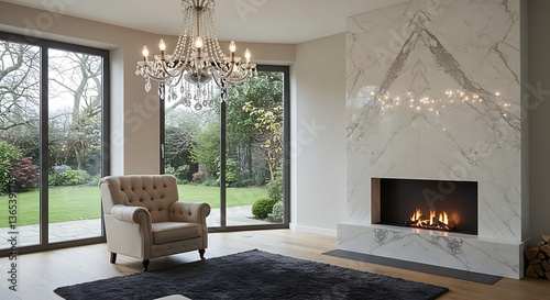 Elegant interior design with a marble fireplace and grand crystal chandelier
