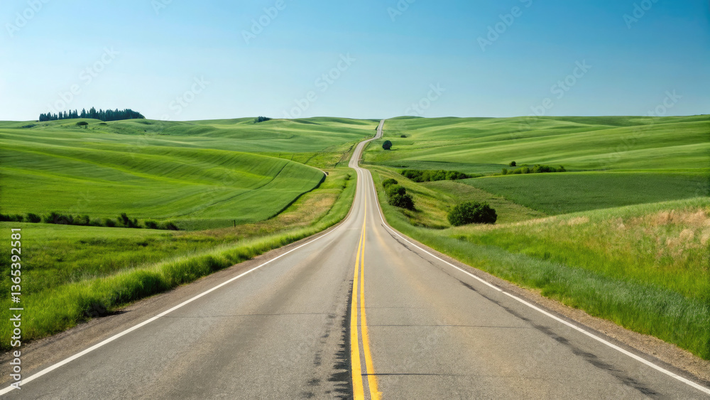 Fototapeta premium A smooth two-lane highway winding through rolling green fields under a clear blue sky, creating a tranquil, scenic drive with a limitless sense of exploration.