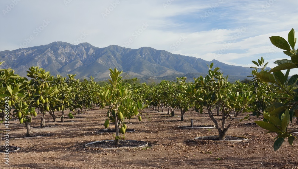 An orchard of trees with mountains in the background An orchard of trees with mountains in the background