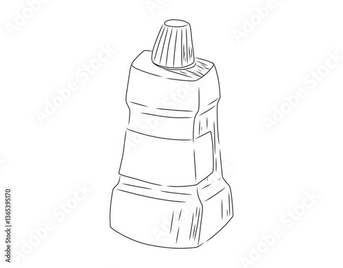 Black and white hand-drawn vector isolated illustration of a mouthwash bottle, dental hygiene product used for teeth cleaning, oral care, and fresh breath maintenance.