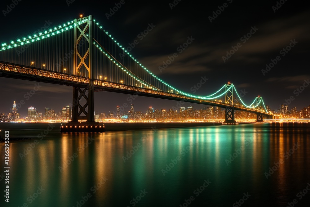 Naklejka premium A majestic view of the Brooklyn Bridge at night, glowing with city lights as traffic moves below